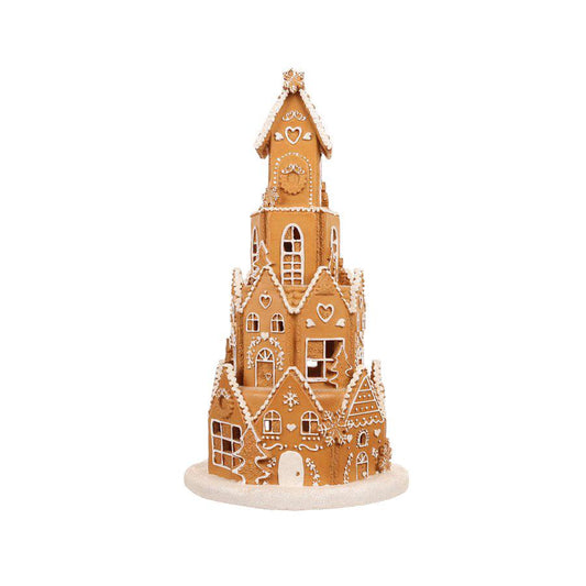 JLINE Xmas Ginger Bread House Tower With Led 47cm - Poly Brown - LOG-ON